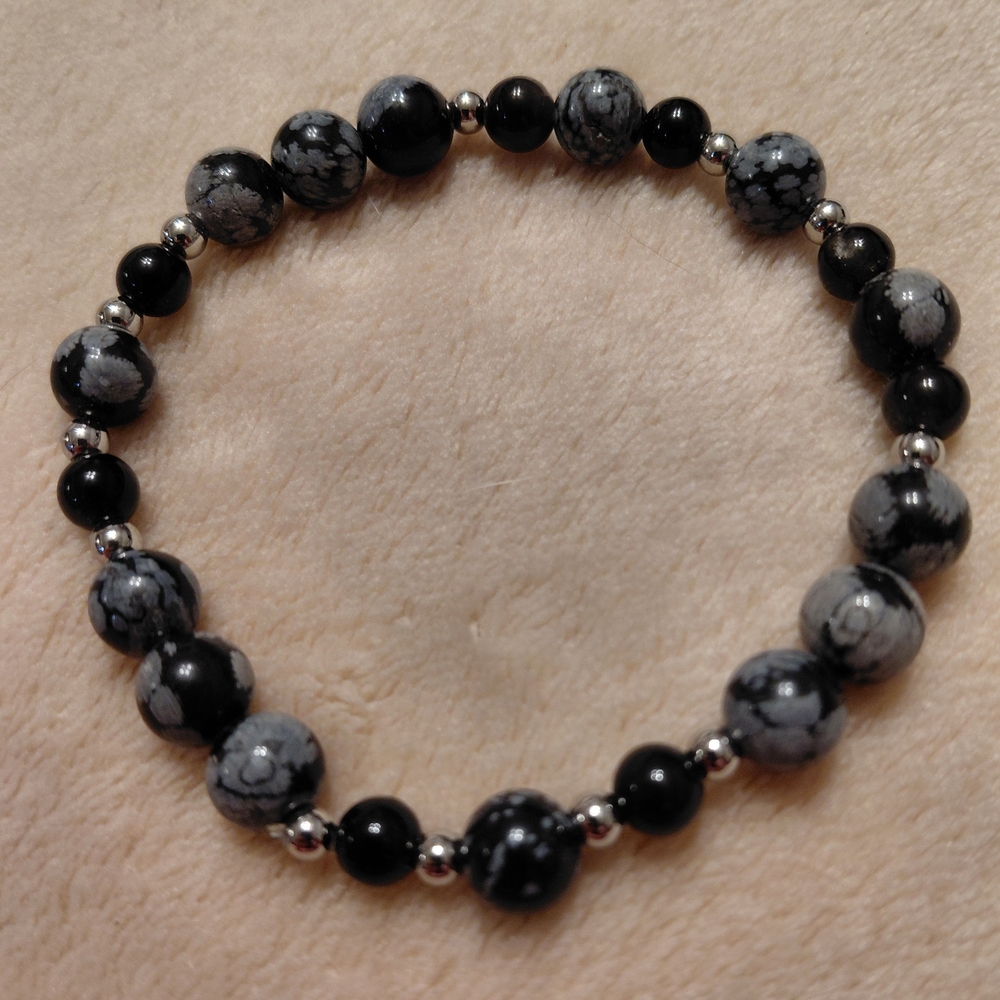 Elegant Snowflake And Black Obsidian Crystal Bracelet With Sterling Silver Accen